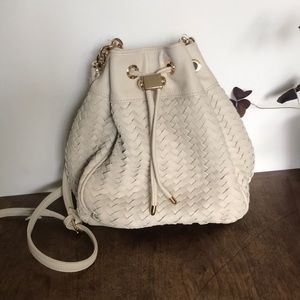 Woven leather crossbody bucket bag, cream